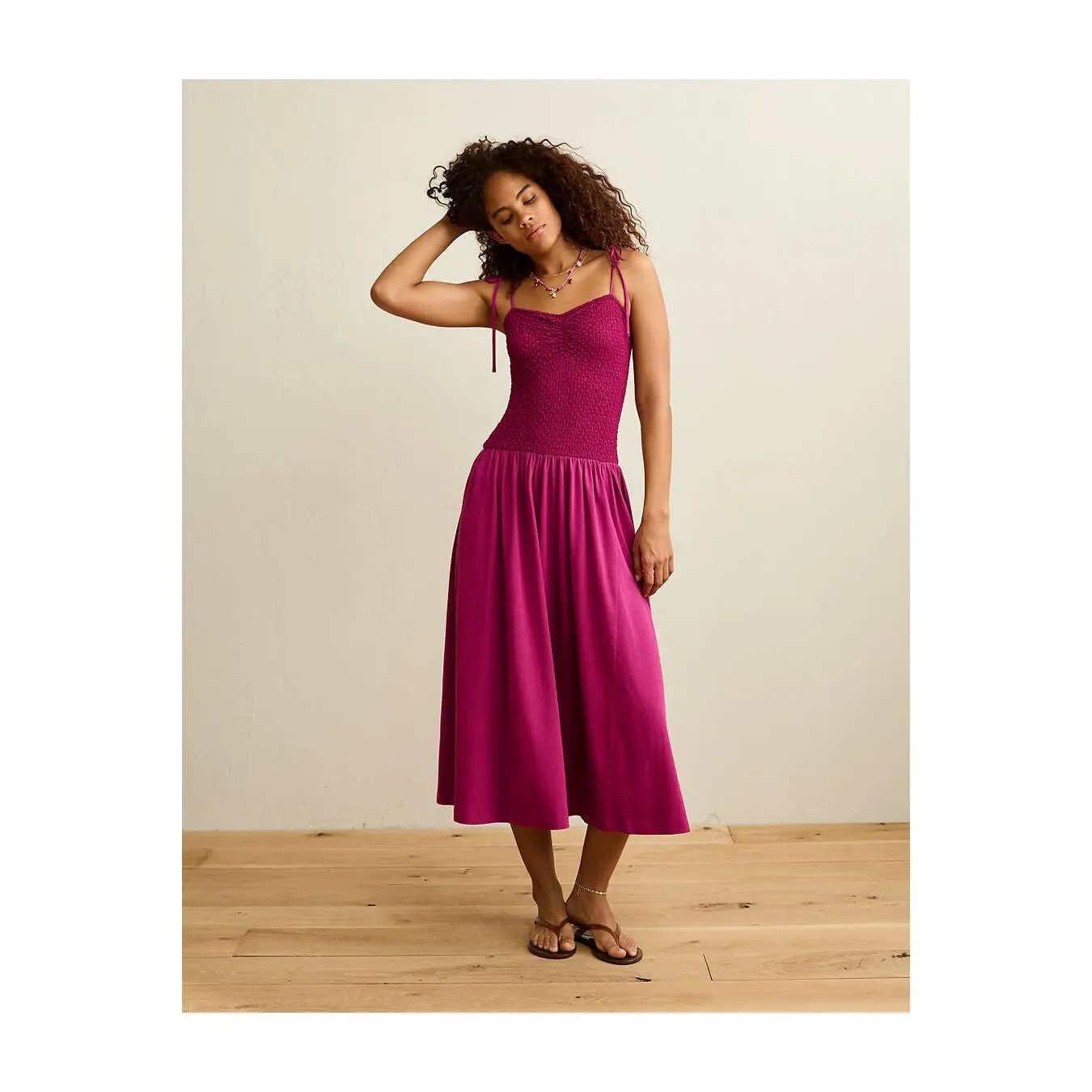 AE Sweetheart-Neck Tie-Strap Midi Dress