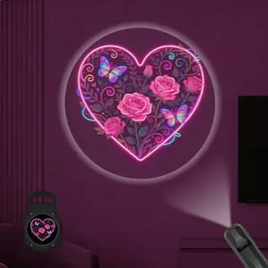 2D Flat, 1 pc, Neon Heart, Roses & Two Butterflies Pattern, Portable LED Pattern Projector Light, USB Interface, 360° Rotation, Suitable for Valentine's Day & Anniversaries, Ideal for Bedroom & Romantic Spaces, A Perfect Gift for Lovers & Partners
