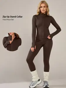 Women's 2 Piece Set Long Sleeve Long Pants Loungewear Set Nightwear Zip Up Jacket High Waist Butt Lifting Tight Pants High Stretch Leggings Slimming Pants, Fit Casual Suitable For Daily Outings Vacation Travel Pajama Set