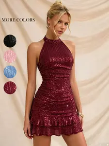 Women Shiny Sequin Halter Mini Dress Sleeveless Ruched Bodycon Design Ruffle Hem Elegant Evening Gown For Nightclub Wedding Party Dating Carnival Formal Occasion Wear
