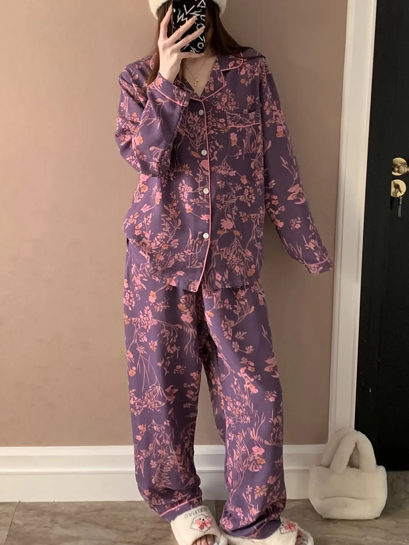 Elegant Plant Print Short Sleeve Open Front Indoor Sleepwear Set, Pajama Set, Comfortable Home Wear for Women, Stylish Loungewear
