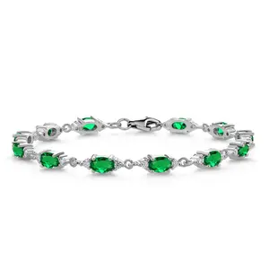 Gem Stone King 5.71 Cttw Green Nano Emerald and White Moissanite Tennis Bracelet For Women | 925 Sterling Silver | Gemstone Birthstone | Oval 6X4MM | 6.5, 7, 7.5 Inch