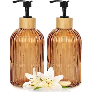 Amber Glass Soap Dispenser with Pump, 2 Pack 13.5oz Vertical Stripe Design Hand Soap Dispenser for Hand Wash, Dish Wash, Elegant Bathroom Soap Dispenser for Bathroom and Kitchen