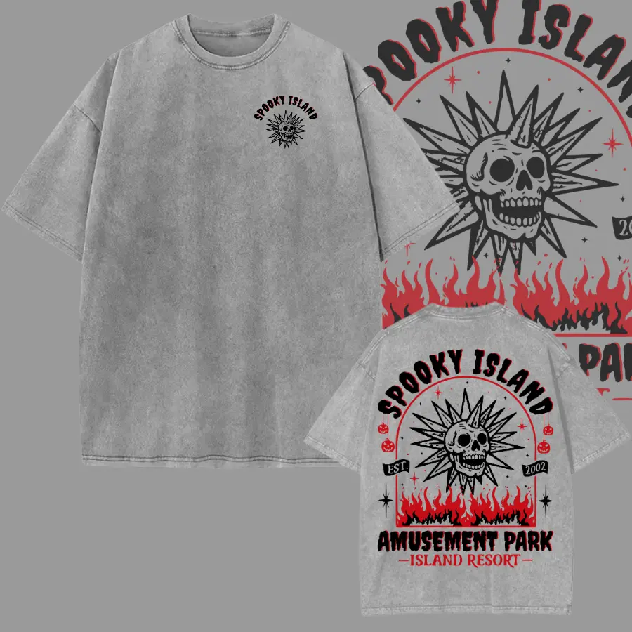 Spooky Island Washed Tee, Retro Cartoon Halloween Movie T-shirt, Spooky Island Disco Skull, Halloween Gift, 90s nostalgia, Retro Halloween, Summer Streetwear Outfit Menswear Casual Wear