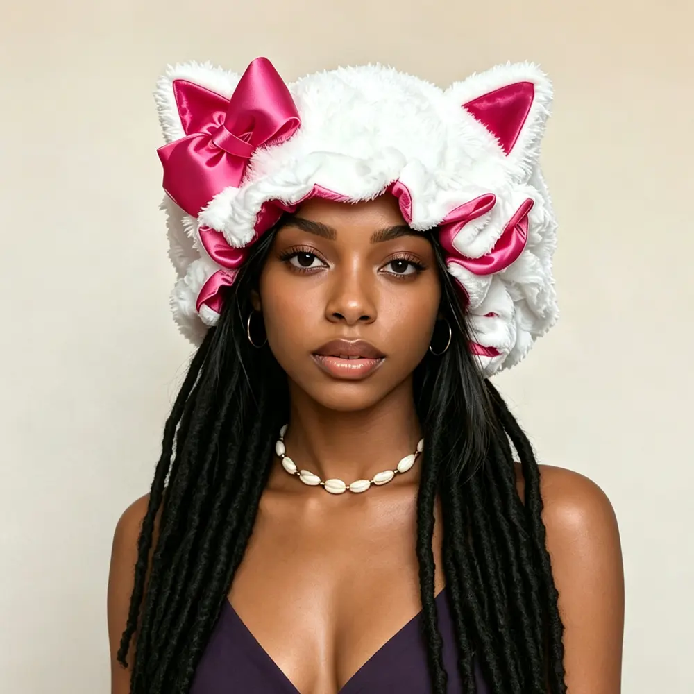 1Pcs Double Layer Satin Sleep Cap With Plush Rabbie Bear Ears