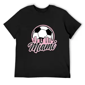 Men's Customized Elastic Breathable Casual Cotton "Soccer Skyline" T-Shirt - Pink & Black, Black Crewneck, Inter-Inspired Print, MLS Fan Top
