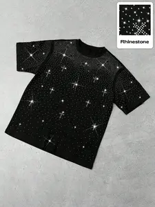 Unisex Rhinestone Cross Pattern T-Shirt, Street Style Glam Top, Sparkling Fashion Design, Perfect for Daily Wear & Night Out