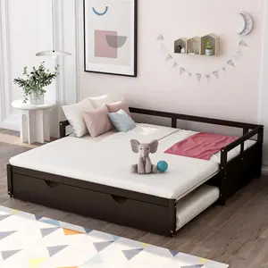 [Fahuac] Extending Twin to King Daybed with Pull Out Trundle, Solid Wood Expandable Guest Bed Frame with Casters for Sleepovers Space Saving