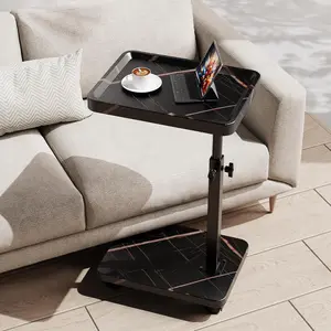 C Table End Table Adjustable Height, 360 ° Swivel TV Tray Table for Small Spaces, Side Tables with Wheels for Living Room and Bedroom, Bed (Black-15.7 x 11.8 inches)