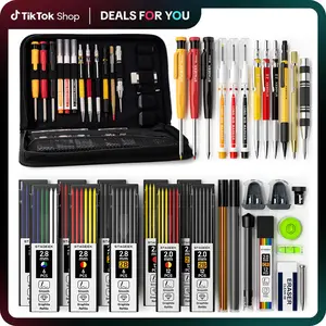 34 Pack Carpenter Pencil Set with Sharpener, Mechanical Carpenter Pencils with Deep Hole Long-Nib Marker Pens, Automatic Center Punch,Carbide Scribe Tool & Construction Pencils for Architect Woodworking with Case(Red, Black, Yellow, Blue)