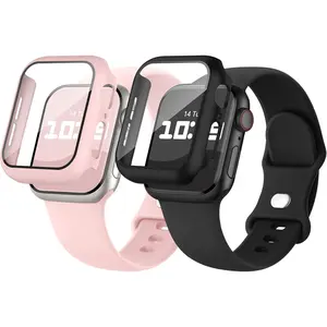 2 Pack 3-IN-1 for  Watch Band with Case & Screen Protector 40mm 41mm 44mm 45mm,   Band and Protective Cover with 9H Tempered Glass for iWatch Series SE 9 8 7 6 5 4