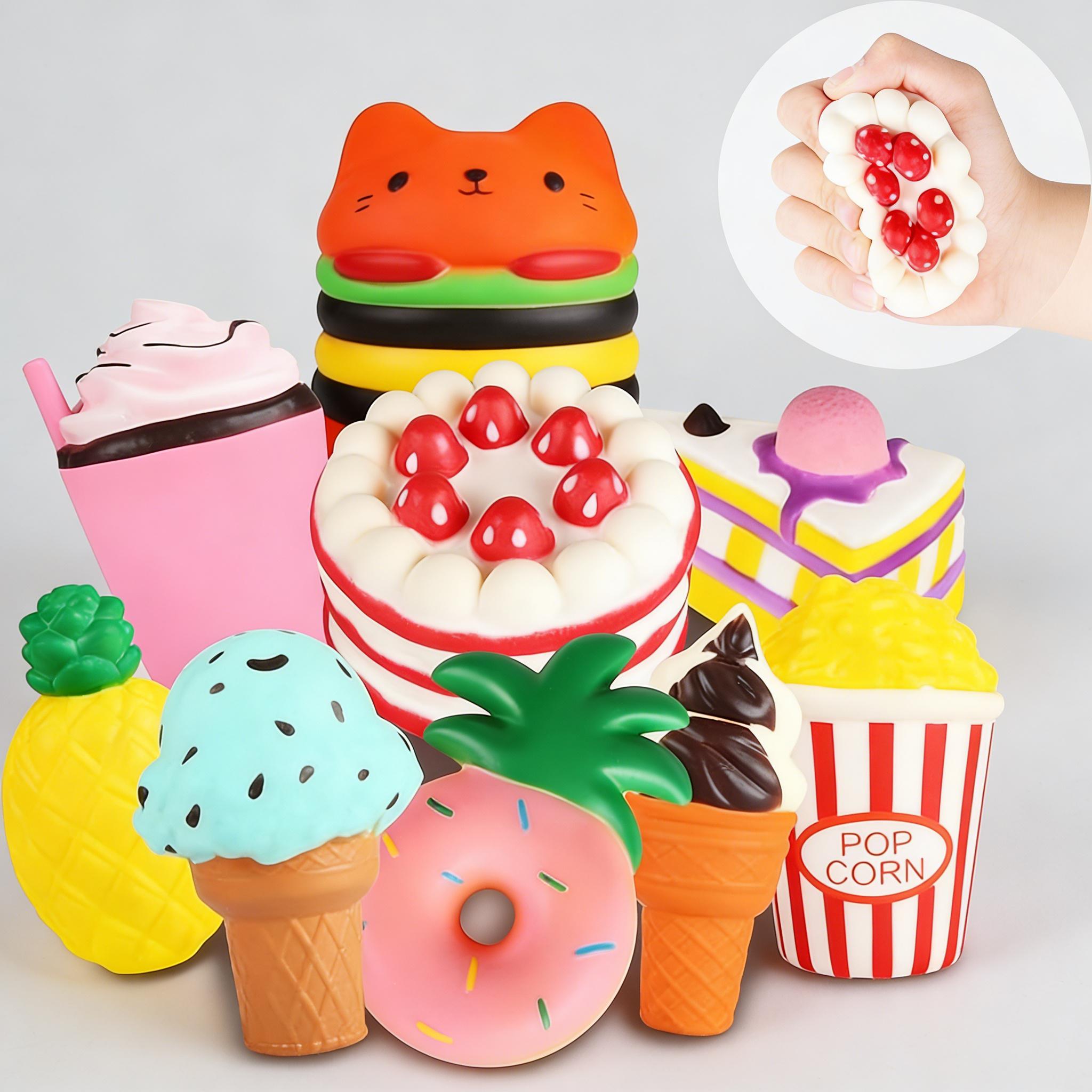 9-Pack Soft Squishy Toys Set – Hamburger, Popcorn, Cake, Ice Cream, Donut Shapes – Stress Relief Squeeze Toy for Boys and Girls
