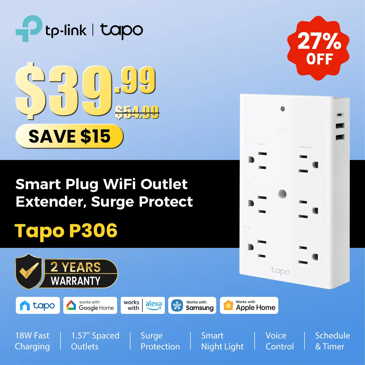 TP-Link & Tapo P306 Smart Plug Outlet Extender, Surge Protector, 18W Fast Charging, 3 Individual Smart Outlets, 1x USB-C & 2X USB-A, Smart Night Light, Works w/Apple HomeKit, Alexa & Google Home  #SummerWins #DealsForYouDays