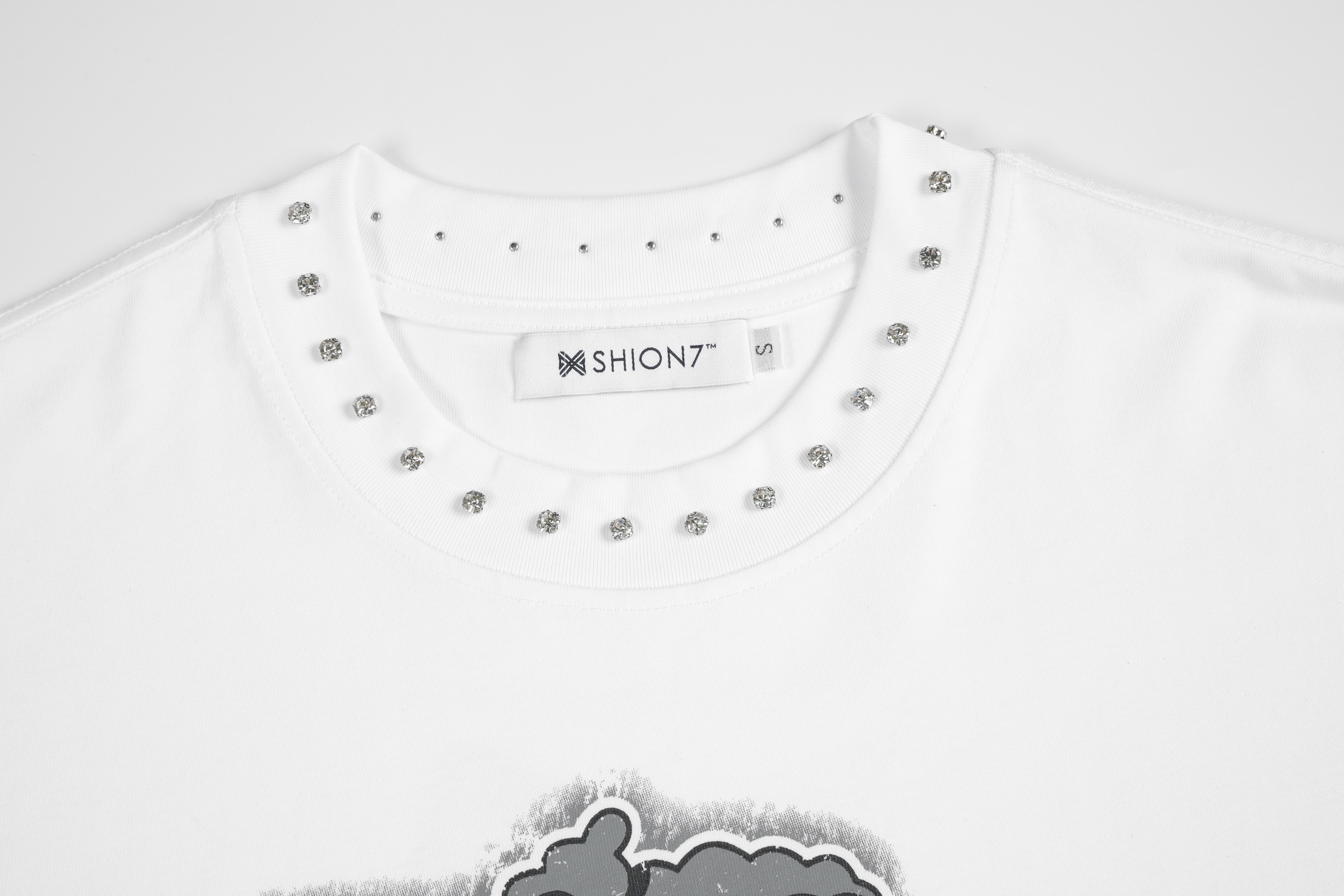 Men's Y2K Cartoon Rapper Studded Oversize White Tee | Summer Crystal Street wear Must-Have