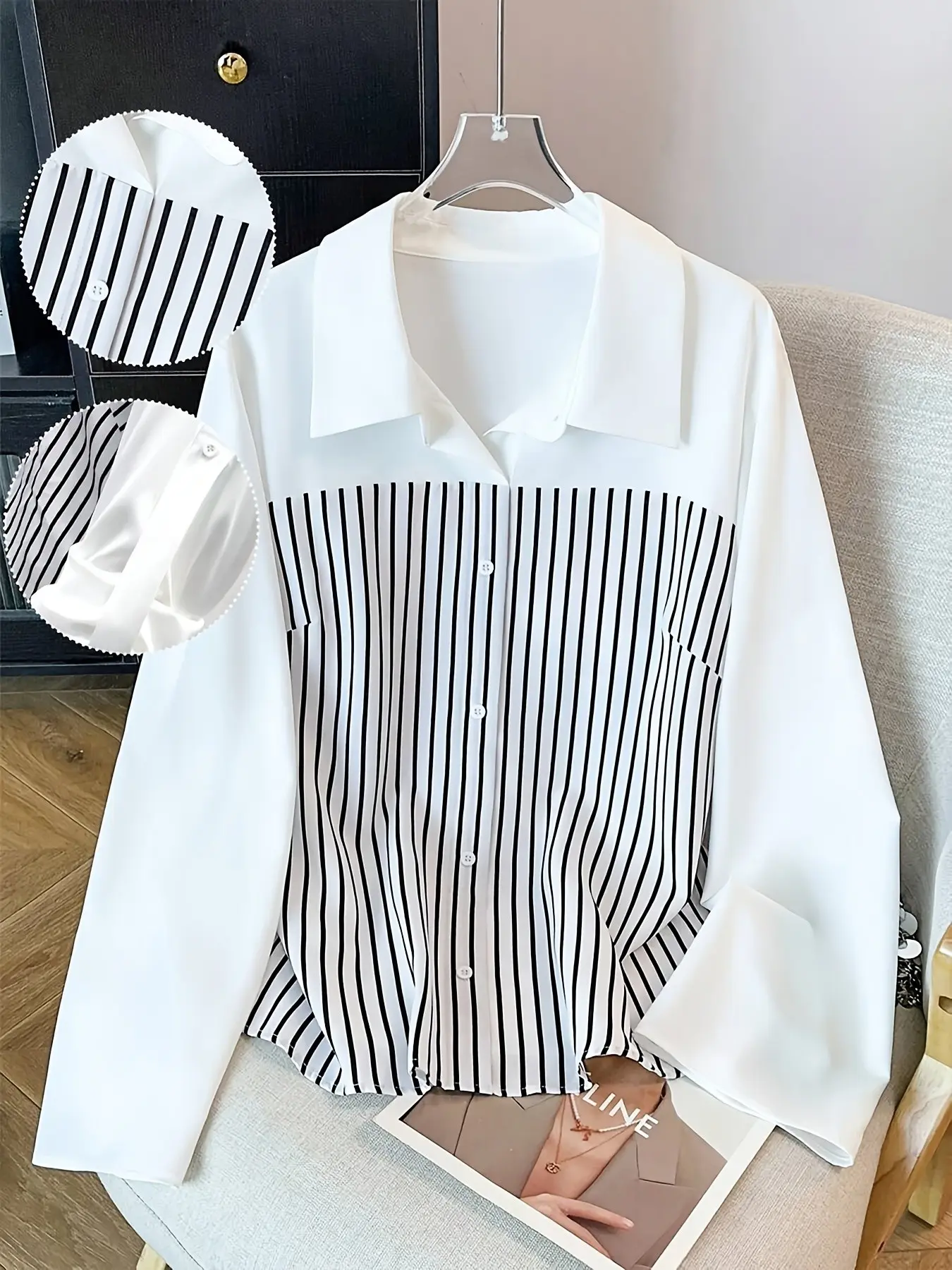 Women's Striped Patchwork Shirt Blouse, Spring Fall New Loose Design, Casual Office Style, Stand Collar Long Sleeve Top Blouse Shirts 8326