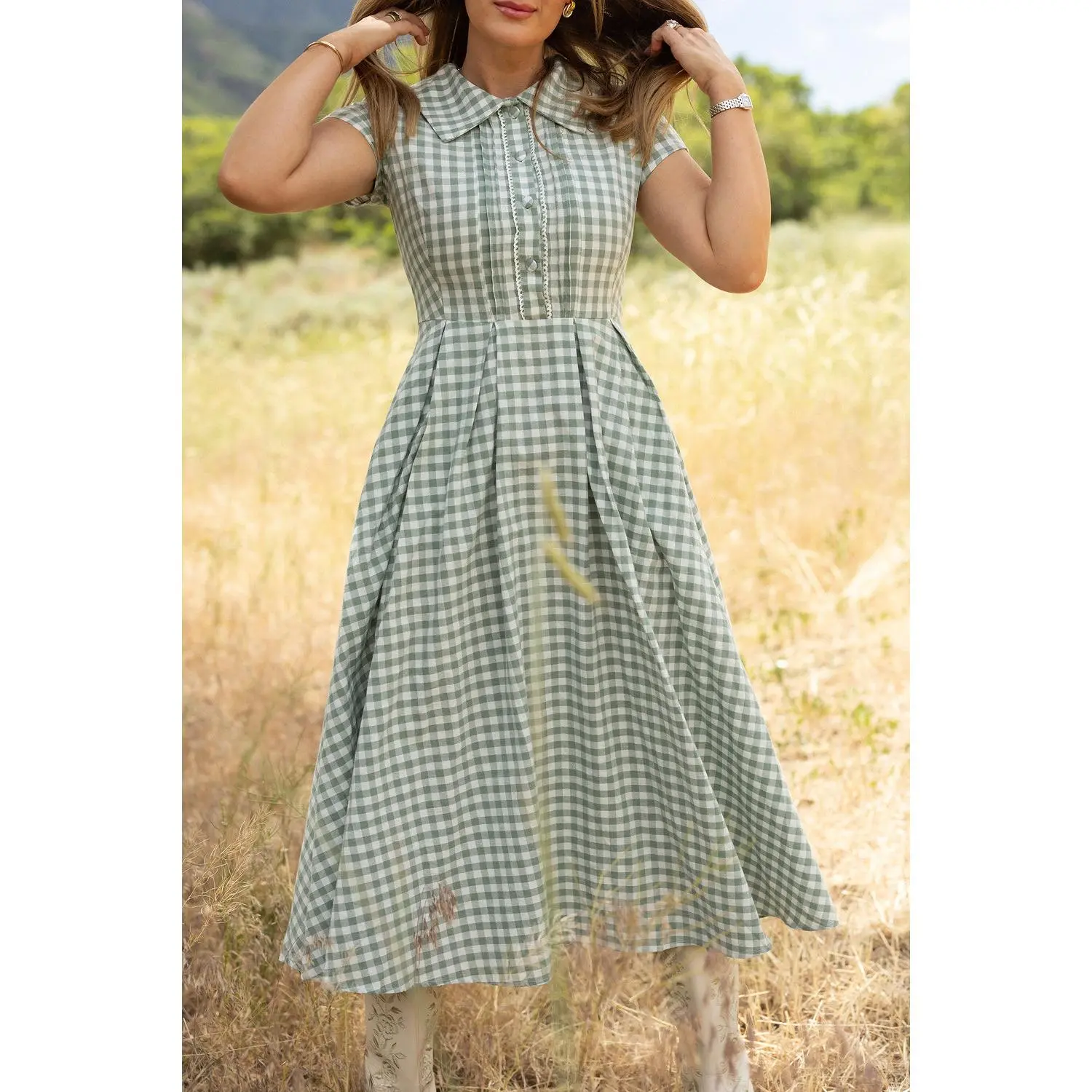 Amber Dress in Sage Gingham