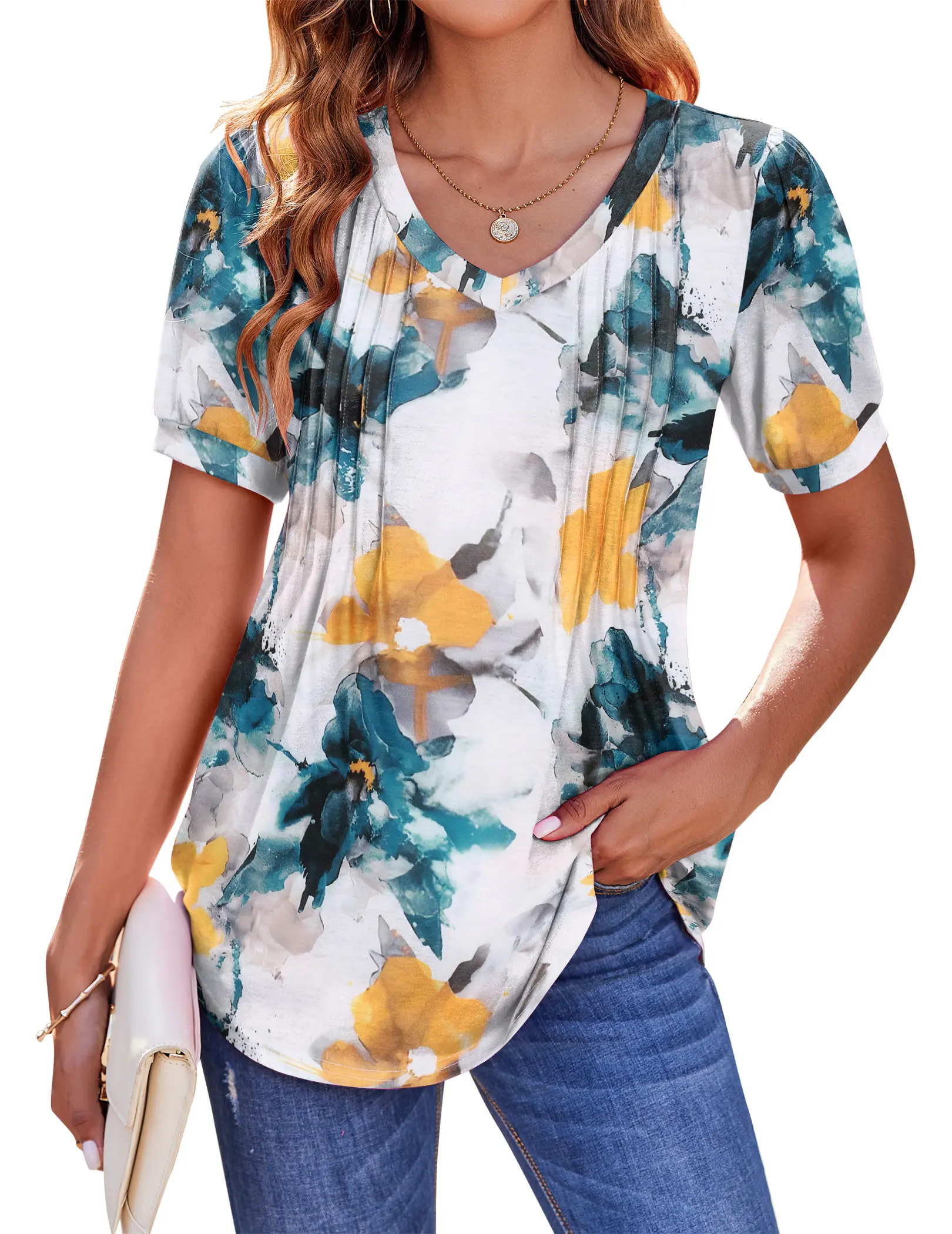 ZEAGOO Women's Blouse, Casual Puff Sleeve V Neck Pleated Boho Tunic Top, Polyester Summer Beach Fashion Shirt, Spandex, Style, Slacks, Essential, Rayon, Elegant