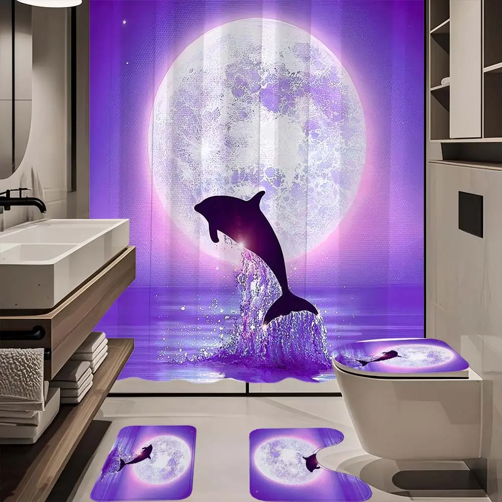4pc dolphin pattern bathroom set jumping under the moon, The 4-piece set includes a single shower curtain, anti slip floor mat, toilet U-shaped mat, toilet lid mat, with shower curtain hook, and belongs to bathroom decoration products
