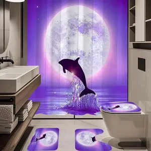 1/4pc dolphin pattern bathroom set jumping under the moon, The 4-piece set includes a single shower curtain, anti slip floor mat, toilet U-shaped mat, toilet lid mat, with shower curtain hook, and belongs to bathroom decoration products
