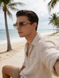 Rimless wood-grain square sunglasses, stylish modern metal and wooden frame, UV protection. Unisex, suitable for travel, outdoor activities, beach, self-driving, cycling, parties, driving, street photography.