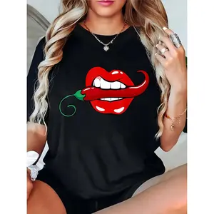 Women's Black T-Shirt with Red Lips & Chili Pepper Graphic, Casual Daily/Party Wear for Ladies, Fun Vibrant Summer Top