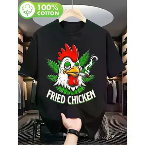 Men's Casual T-Shirt Featuring Fried Chicken and Leaf Print Made from 100% Cotton with Crew Neck Short Sleeves Ideal for Weekend Relaxation