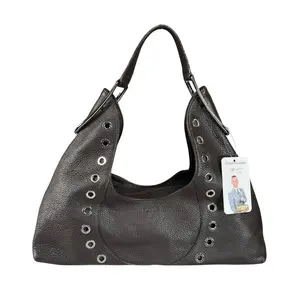 Pre-owned FURLA Leather Shoulder Bags Brown Pebbled Hobo Bag SHW Double Sided Eyelet Deep D Shoulder Bag