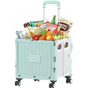 Foldable Rolling Cart with Lid and Handle,Collapsible Crate with 360° Swivel Wheels,Shopping Trolley for Groceries,Travel,Officeand Use (Green)