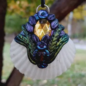 Siren's Keepsake Enchanted Seashell Necklace with Colorful Faux Jewels Unique Mermaid Design Handmade Protection Charm