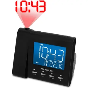Projection Alarm Clock with AM/FM Radio, Battery Backup, Auto Time Set, Dual Alarm, Nap/Sleep Timer, Indoor Temperature/Date Display with Dimming & 3.5mm Audio Input - Black (EAAC601)