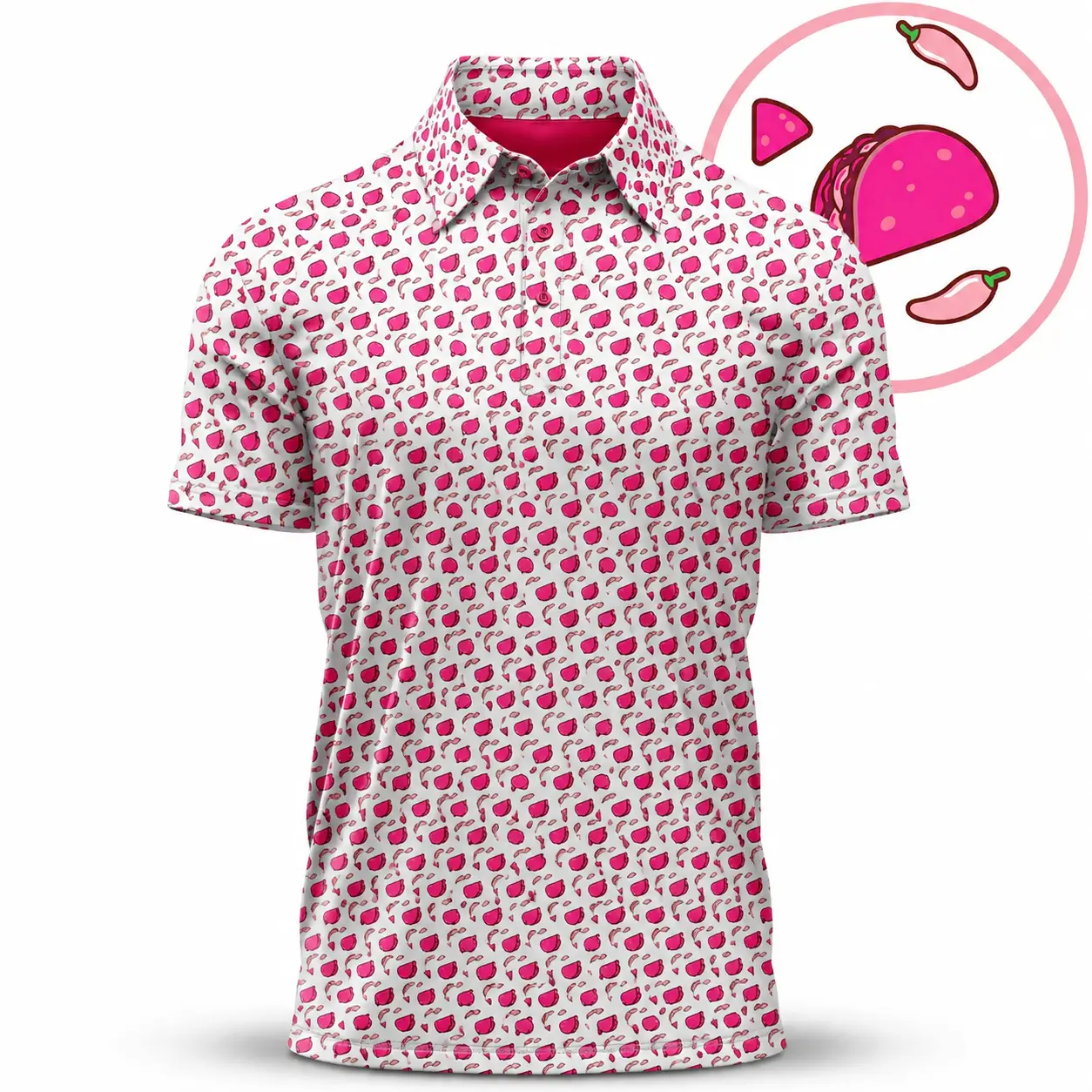 Men's Performance Golf Polo Pink Taco Chili Print Lightweight Sports Shirt Made in USA