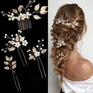 4PCS Bridal Wedding Hair Pins Gold Leaf Crystal Pearl – Vintage Flower Hair Clips for Brides & Bridesmaids