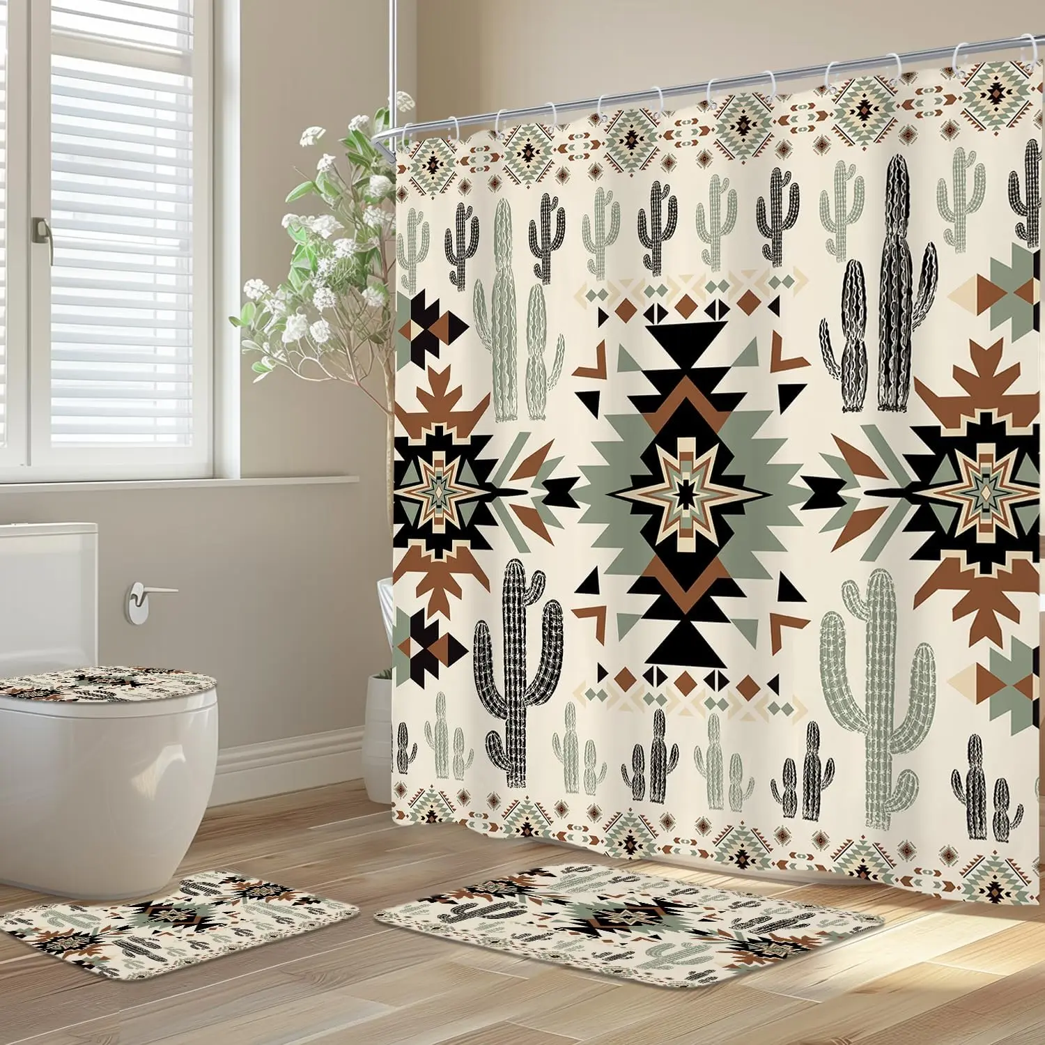 This four-piece bathroom shower curtain set features a Western Aztec southwestern style and includes a floor mat. The four-piece set includes waterproof, high-definition shower curtains with an abstract cactus pattern, made of quick-drying fabric. It come