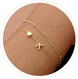 Dainty Initial Heart 14K Gold Plated Bracelets for Women Trendy, Letter Charm Bracelet Jewelry Cute Simple Fashion Chain Gift