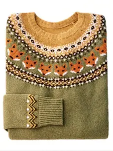 Women's Fair Isle Fox Halloween Knit Sweater, Vintage Fall Winter Fashion, Casual Long Sleeve Pullover, Round Neck Design