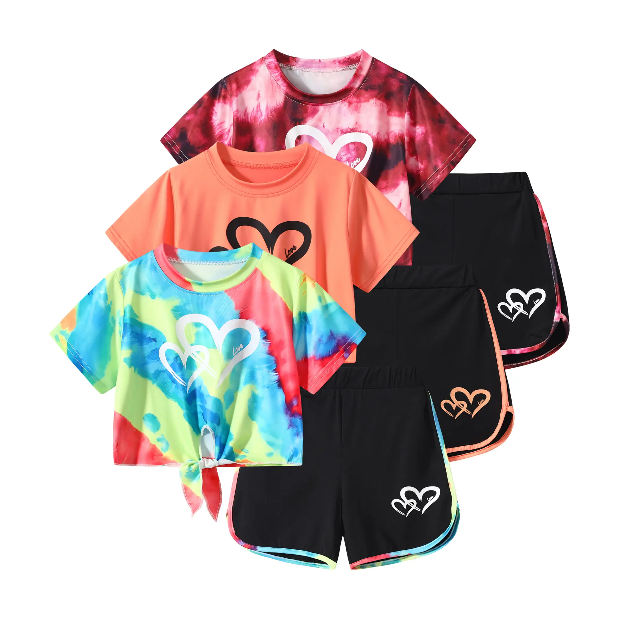 #SummerVibes Girls' 6-Pack Love Heart Print T-Shirt & Dolphin Shorts Tracksuit Set - Kids Clothing Girls, Girlset, Sport to Dance Wear for Casual, Vacation,back to school
