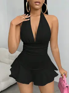 Women’s Solid Color Halter Neck Romper - Backless Summer Vacation Outfit - Casual Beach Holiday Jumpsuit Women, beach holiday romper women, resort wear women, backless romper women