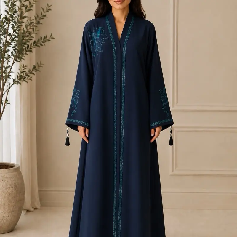 Embroidered Open-Front Button-Down Design with Matching Scarf, Teal Blue, Large Size, Women's Clothes, Clothes