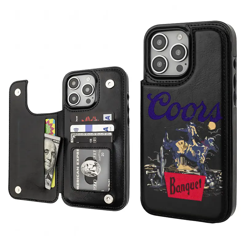 Coors Beer Cowboy Vintage Western Style Phone Case with Card Holder, Durable PU Leather, Aesthetic Black Casing, Shockproof Anti-Drop Protection for iPhone 16/15/14/13/12 Pro/Plus/Max, Phone Pouch Accessories, Stylish Gift