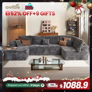 【3 Packages Shipping】Ovios 133" Sectional Cloud Couch for Living Room, Modular Floor Sofa with Plush Corduroy, No Assembly Required, Big Comfy Couches Set with Fluffy Memory Foam, Stupendous U Shaped Sofas with Chaise