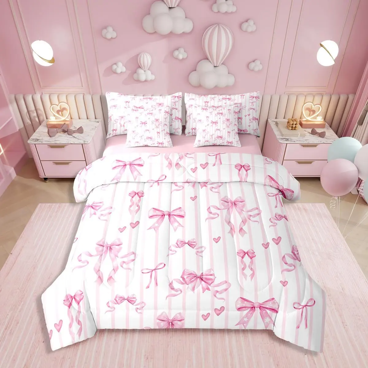Princess Pink Bow Girls Comforter Set,7 Piece Kawaii Bowknot Bed in A Bag with Sheets for Kids Teens Women