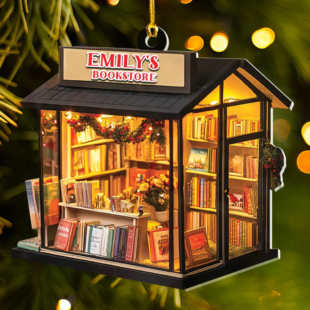 Petthouse | Personalized Miniature Bookstore Ornament, Bookworm Christmas Gift, Book Xmas Decoration