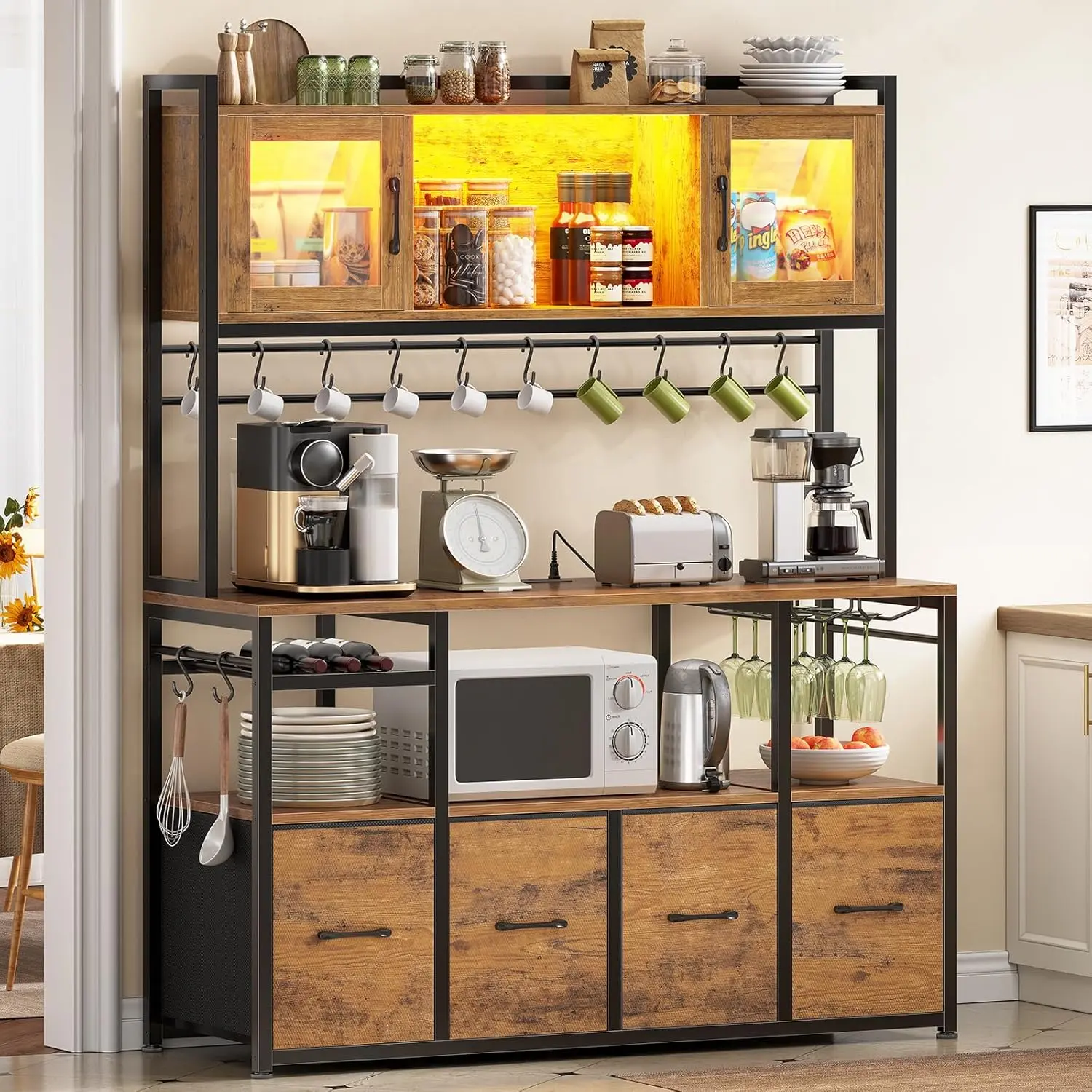 Itaar Bakers Rack with Power Outlet and LED Light, 47.2'' Microwave Stand with Storage, Kitchen Coffee Bar Cabinet with Glass Door, 4 Drawer, Wine Rack, Goblet Holder and 12 Hooks