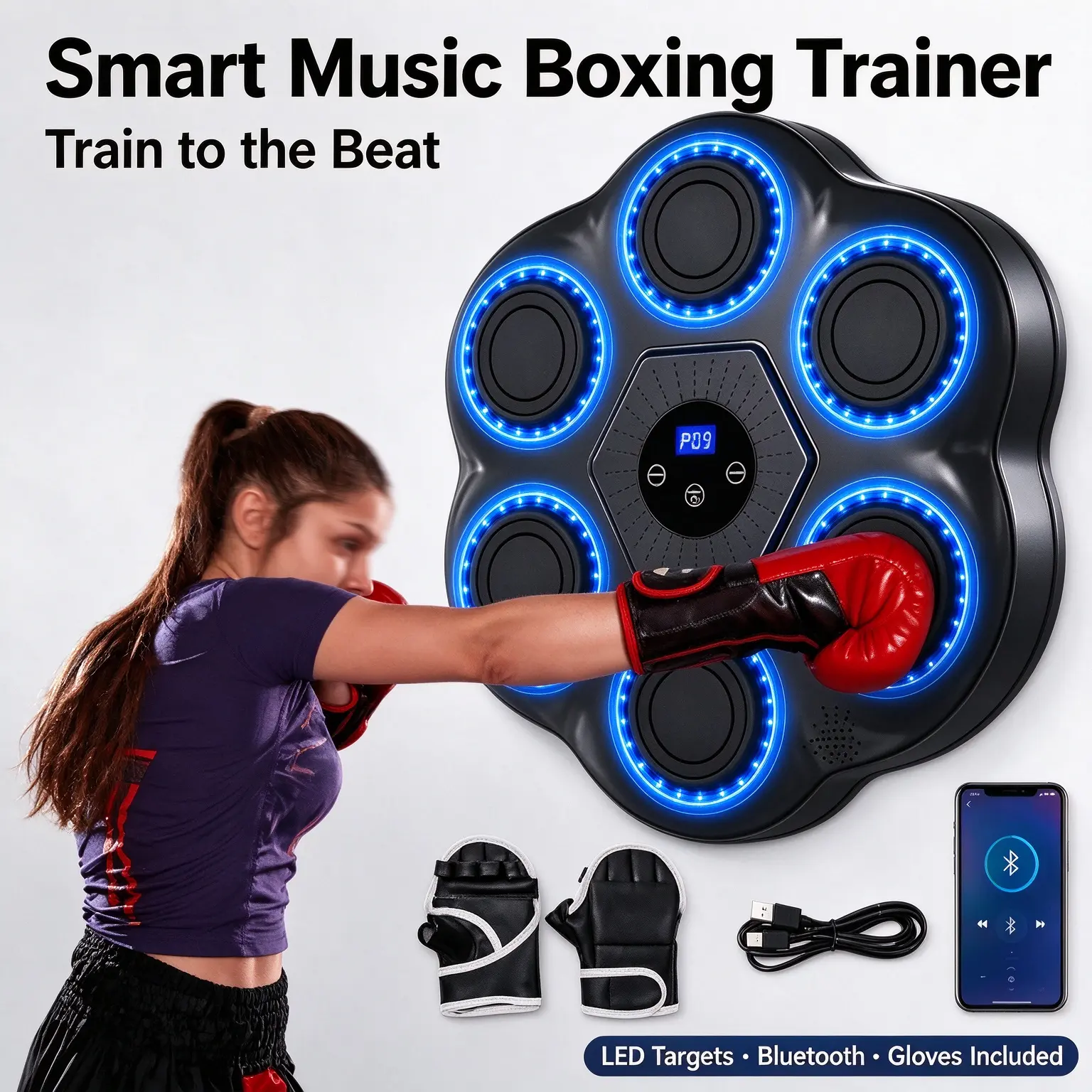 Smart Music Boxing Machine, Wall Mounted Bluetooth Boxing Trainer with LED Light, Boxing Gloves Included, Electronic Punching Target for Home Workout, Reaction & Cardio Training for Adults & Kids
