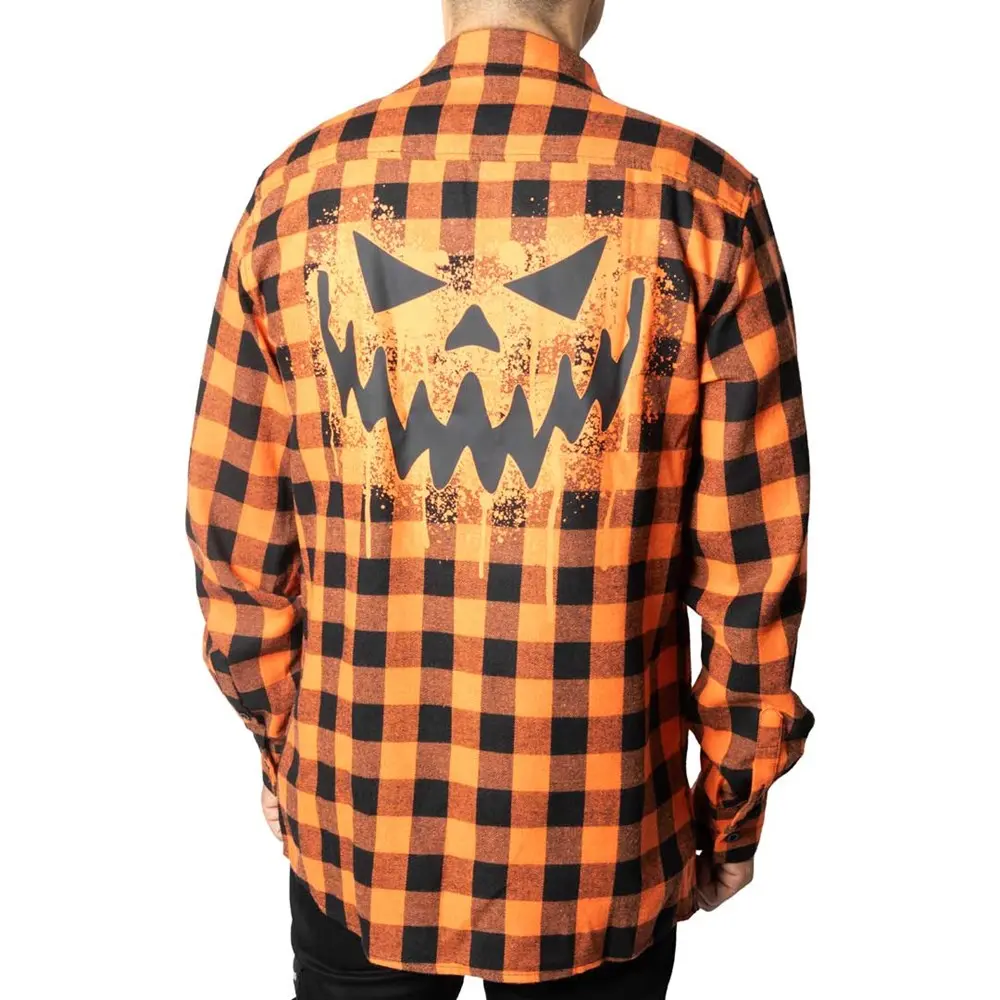 Plaid Halloween Pumpkin Face Orange Flannel Long Sleeve Shirt for Men