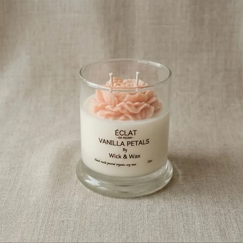 Wick & Wax Handmade Candle Vanilla Petals Scented Soy Wax with peony Design for Aromatherapy Relaxation