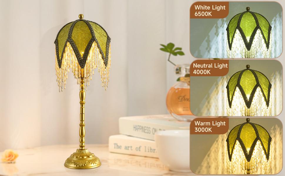 Vintage Tasselled Table Lamp with Beaded Shade, 3 Color Temperatures, Green and Gold, Victorian Style-C