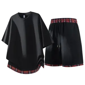 Plaid-Patchwork 2-Piece Set Mens Streetwear Casual Outfit with Contrast Plaid Hem, Elastic Waistband & Adjustable Drawstring for Daily Wear & Summer Outings