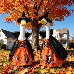 Halloween Witch Goose Outfit - 23 Inch Porch Goose Clothes with Skeleton & Pumpkin Print for Outdoor Yard Art