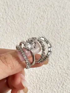 4pcs/Set Fashionable Elegant Luxury Versatile Casual Rhinestone Silver Rings, Suitable As Gift For Girlfriend, Wedding/Engagement Rings